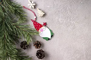 Pine branch, cones, wooden Christmas toys