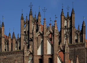 Pinnacles of the west gables of Trinitatis Church and St Anne's Church in front