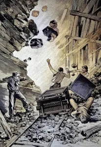 A pit, miners are seriously injured or killed by falling rocks