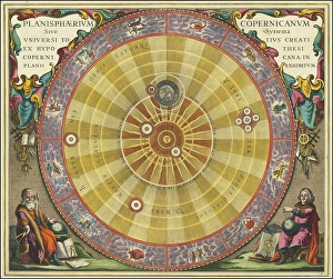 Planisphaerium Copernicanum Sive Systema Universi Totius Creati Ex Hypothesi Copernicana In Plano Exhibitum, 1660, digitally improved reproduction of a work of Andreas Cellarius (1596 - 1665), a Dutch-German cartographer and cosmographer