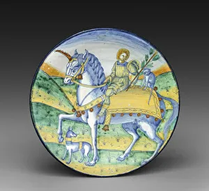 Plate, Man riding a unicorn, circa 1510