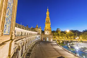 Plaza De Espana in Sevilla, Spain illuminated at twilight