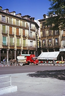 Plaza Mayor, Cafe Napoli, Valladolid, Castilla y Leon, Spain, 1964 red SAVA S66, BMC FG lorry, Europe
