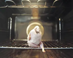 Plucked quail sitting with its legs crossed in a roasting oven