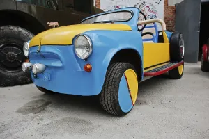 Podol, Ukraine - May 19, 2016: Handmade blue and yellow bicolor vintage retro classic car based on ZAZ automobile