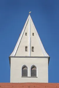 Pointed gable tower of the Roman Catholic parish church of the Assumption of the Virgin Mary in Gebrazhofen