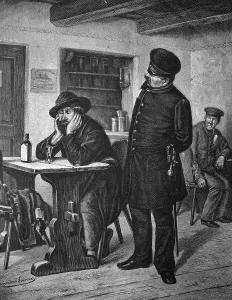Policeman observing a miner with suspicion