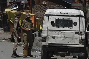 Policemen with jeep, Kashmir, India, Asia