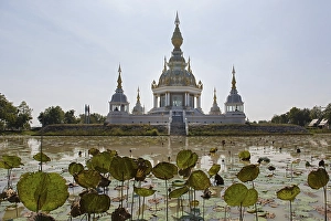 Category Buddhism Prints: Pond with Lotus (Nelumbo) in front of Maha Rattana Chedi of Wat Thung Setthi