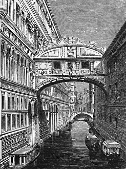 Ponte dei Sospiri, Bridge of Sighs, arched bridge over the Rio di Palazzo, leading from the Palazzo Ducale, the Doge's Palace to the prison, ornamentation, architecture, boats, geography, Veneto, Italy, historical illustration 1888, Europe