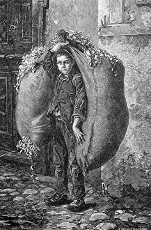 Poor boy as street vendor, selling wood shavings