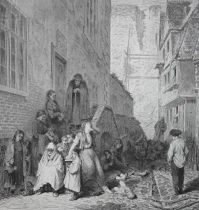 Poor, grieving people in a side street in Sedan after the surrender