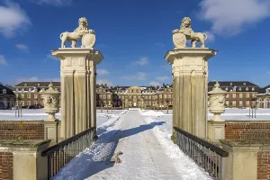 Portal to the snow-covered Nordkirchen Castle in winter