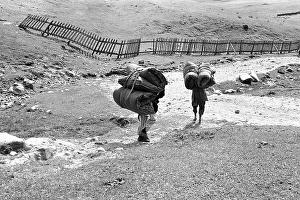 Two porters carrying heavy luggage Gulmarg Jammu and Kashmir India Asia 1971