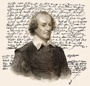 Portraet und Faksimile des Testaments von William Shakespeare