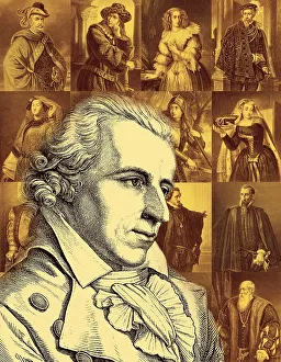 Portrait and engravings of historical figures from the works of Friedrich von Schiller