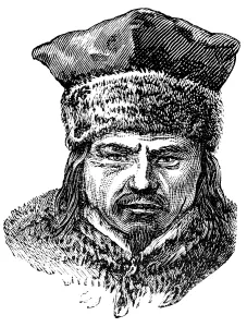Portrait of a Lapp or Sami with fur cap and fur collar, adult from the front, face, chin beard, long hair, North Scandinavia, historical illustration 1888