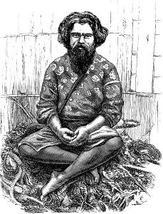 Portrait of a man from the ancient Aino tribe, one of the first settlers of Japan, dark black hair, full beard, clothes, pointed shoes, sitting on ropes for fishing, history of mankind, Japan, historical illustration 1880, Asia