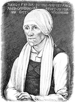 Portrait, Margarethe Luther (1459-1531) mother of Martin Luther in old age, headscarf, inscription, commemoration, historical illustration 1883