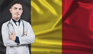 Portrait of medical professional on Belgium flag background