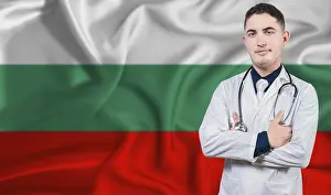 Portrait of medical professional on Bulgaria flag background