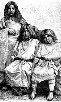 Portrait of a Mexican woman with two children, serious look, simple clothes, barefoot, poverty, society, travelling, Mexico, historical illustration 18888, Central America