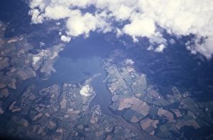 Portrait oblique aerial view of the tributaries in the Fal estuary, centred on Feock, Cornwall, England, UK around 1970