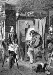 Portrait painter paints a picture of a farmer's wife in the parlour