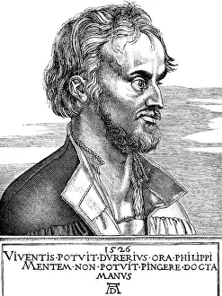 Portrait, Philipp Melanchton (1497-1560), preacher in the Wittenberg town church, Holy Mass in German, drawing after A. Duerer 1526, historical illustration 1883