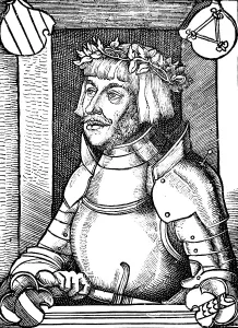 Portrait of Ulrich von Hutten (1488-1523) with ancestral coat of arms and knight's armour, after a woodcut, Franconian nobility, Steckelberg Castle, Schluechtern, historical illustration 1883