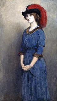 Portrait of a woman in a blue dress with a red hat and pearl necklace