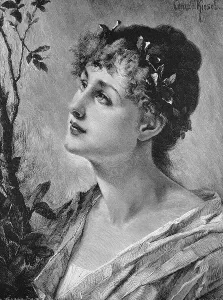 Portrait of a Young Elegant Woman with a Wreath of Leaves in Her Hair