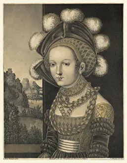 Portrait of a young woman wearing an elaborate gold brocade dress and a hat with feathers