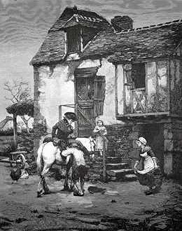 At a post office, the stable servant repairs a saddle strap from a rider
