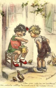 Postcard, Kitsch, two children with a coffee grinder