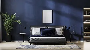 Poster frame mock up in modern bedroom interior background with empty dark blue wall