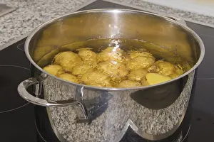 Potatoes are cooked in a saucepan until soft - Vegetable close-up