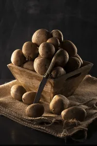 Potatoes in a wooden bowl, still life