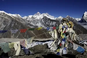 Prayer flags in front of the Everest massif from Gokyo Ri