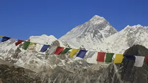 Prayer flags on Gokyo Peak and Mount Everest