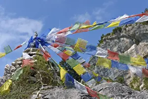 Prayer flags behind Hochgernhaus mountain hut