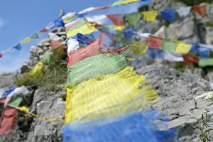 Prayer flags behind Hochgernhaus mountain hut