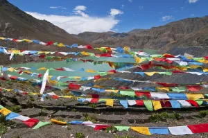 Prayer flags at a reservoir on the Karo-La Pass on the Friendship Highway