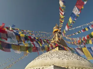 Prayer flags surrounding the top of Boudnath stupa