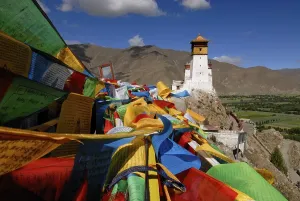 Category Buddhism Prints: Prayer Flags above the Yarlungtal at Yumbulagang palace