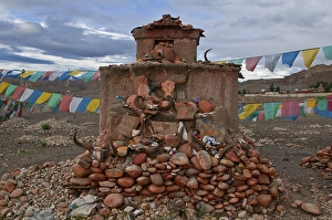 Prayer stones, prayer flags, Kingdom of Guge, Western Tibet, Tibet, Asia