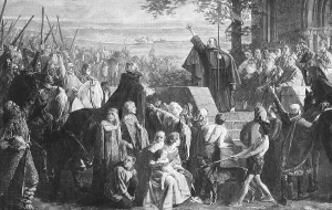 Preacher calls for a crusade, steel engraving