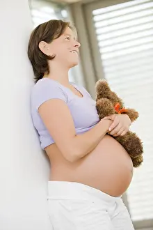 Framed Print : Pregnant woman holding a teddy bear Framed Print : Pregnant woman holding a teddy bear