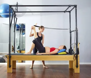 Pregnant woman pilates reformer leg spring exercise workout with personal trainer