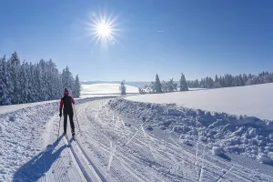 Pretty active senior woman cross-country skiing in freshly fallen powder snow in the Allgaeu Alps near Immenstadt